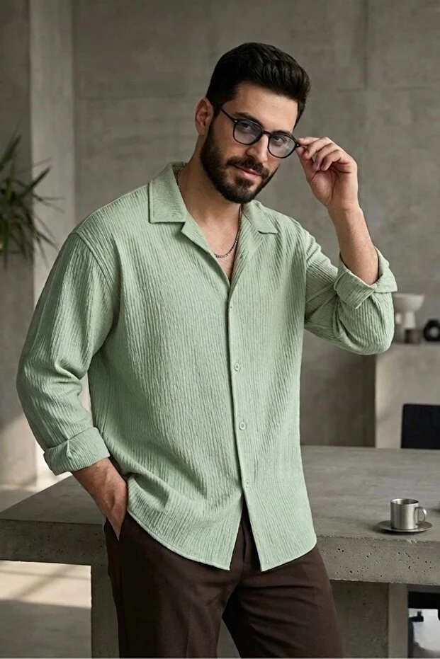Erkek Ütü İstemeyen Oversize dört mevsimlik Gömlek MAVİ Erkek Ütü İstemeyen Oversize dört mevsimlik Gömlek MAVİ